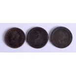 THREE OLD COPPER COINS. 3.8cm diameter, weight 73g