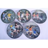 A VERY RARE SET OF FIVE 1980s ALDERMASTON POTTERY PLATES by Alan Caiger-Smith, depicting figures pla