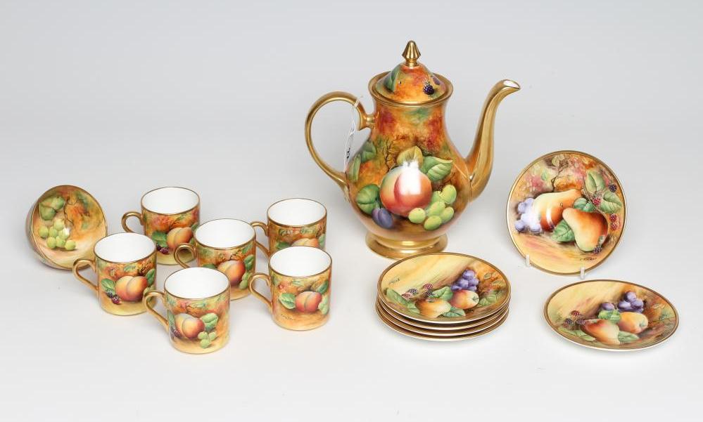A COALPORT CHINA COFFEE SERVICE, modern, painted in polychrome enamels by Joseph Mottram with