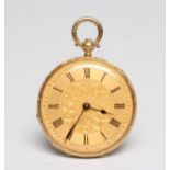 A LADY'S 18CT GOLD AND ENAMELLED FOB WATCH, late 19th century, the gilt dial with engine turned