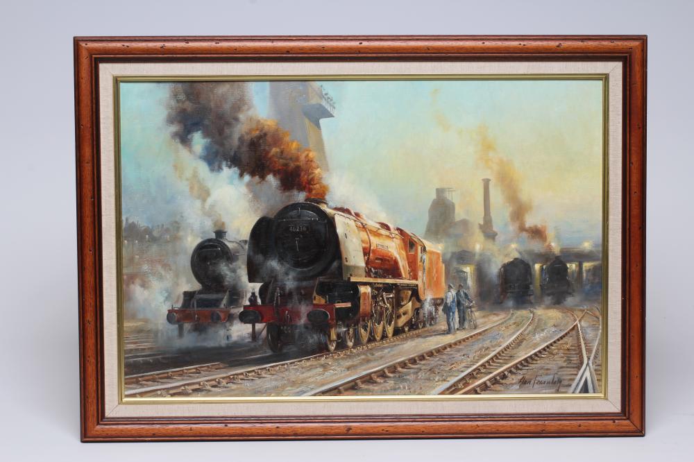 ALAN FEARNLEY (b.1942), Steam Locomotives Departing a Station, oil on canvas, signed, 16" x 24",