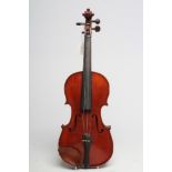 A SMALL VIOLIN, one piece back, notched sound holes, rosewood turners, no label, red varnish, back