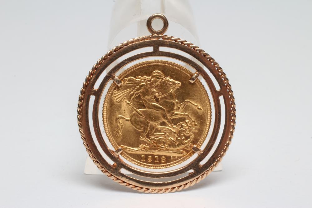 A GEORGE V SOVEREIGN, 1913, in a loose pendant mount stamped 9ct, 11g gross (Est. plus 17.5% - Image 2 of 2