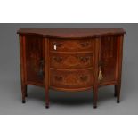 AN EDWARDIAN MAHOGANY AND MARQUETRY SIDE CABINET stamped Edwards & Roberts, of serpentine form