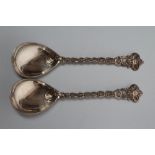 A PAIR OF LATE VICTORIAN SILVER PRESENTATION SPOONS, maker Charles Stuart Harris, London 1891, the