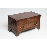 AN OAK TABLE BOX, early 19th century, the oblong hinged lid opening to a void interior, drawer below