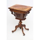 A VICTORIAN BURR WALNUT WORK TABLE of oblong form, the hinged lid opening to a fitted interior