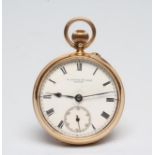 A LADY'S EDWARDIAN 18CT GOLD TOP WIND FOB WATCH, the white enamel dial inscribed "W Potts & Sons,