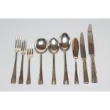 AN ART DECO STYLE SILVER TABLE SERVICE for six place settings, maker Roberts and Belk, Sheffield