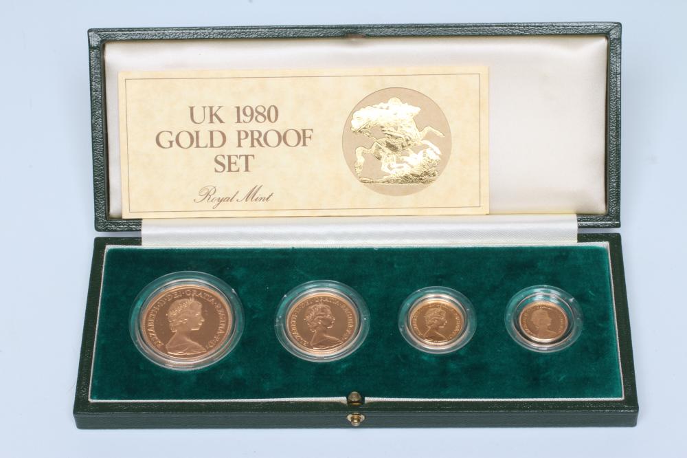 AN ELIZABETH II GOLD PROOF FOUR COIN SET, 1980, comprising 5, 2, sovereign and half sovereign, all