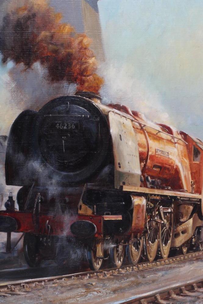 ALAN FEARNLEY (b.1942), Steam Locomotives Departing a Station, oil on canvas, signed, 16" x 24", - Image 2 of 3
