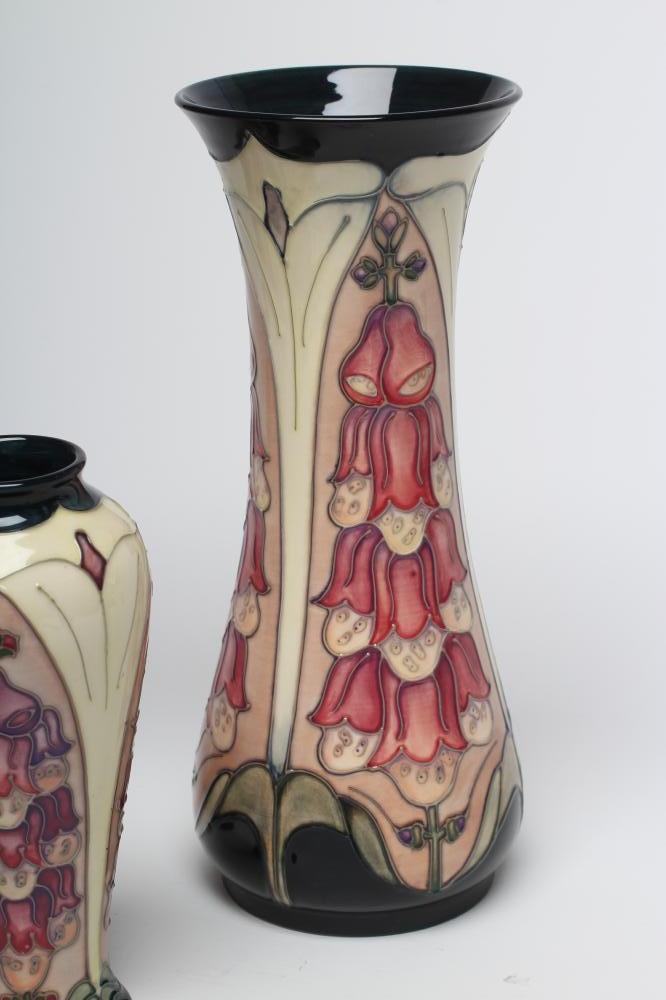 FOUR MOORCROFT FOXGLOVE VASES designed by Rachel Bishop, comprising a tall pair of waisted - Image 2 of 7