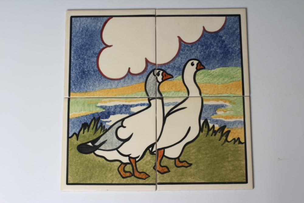 A CARTER'S POOLE POTTERY "FARMYARD SERIES" TILE PANEL -"GEESE" - stencilled with two geese, each