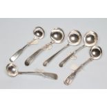 SIX GEORGE IV AND LATER SILVER LADLES, comprising a George IV Scottish fiddle pattern cream ladle,