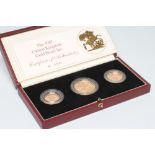 AN ELIZABETH II GOLD PROOF THREE COIN SET, 1987, comprising 2, sovereign and half sovereign, in