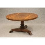 A VICTORIAN ROSEWOOD CENTRE TABLE, the circular tilt top with well figured veneers and plain frieze,