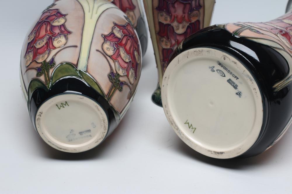 FOUR MOORCROFT FOXGLOVE VASES designed by Rachel Bishop, comprising a tall pair of waisted - Image 3 of 7