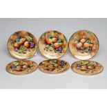 A SET OF SIX COALPORT CHINA DINNER PLATES, modern, painted in polychrome enamels by Joseph Mottram