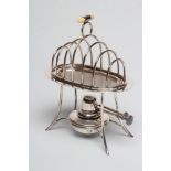 A SILVER TOAST-RACK ON STAND WITH BURNER, maker Asprey, Birmingham 1911, the oval section seven