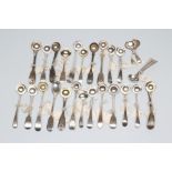 A COLLECTION OF GEORGE III AND LATER SILVER CRUET SPOONS, including a set of four Fiddle pattern