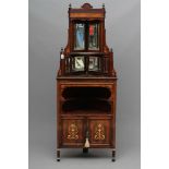 A LATE VICTORIAN ROSEWOOD AND MARQUETRY DISPLAY CORNER CUPBOARD, the mirror backed upper section