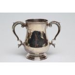 A LATE VICTORIAN SILVER LOVING CUP TROPHY, maker's mark rubbed, London 1889, of baluster form with