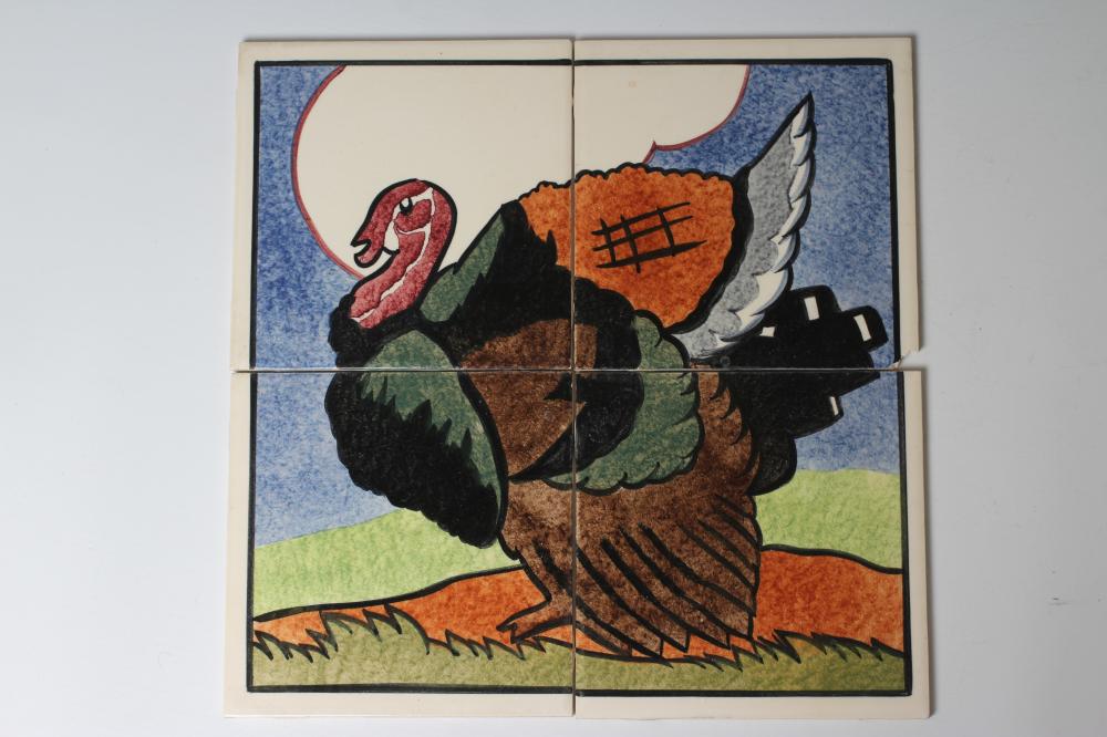 A CARTER'S POOLE POTTERY "FARMYARD SERIES" TILE PANEL - "TURKEY", numbered 9C, 12" x 12" (Est.