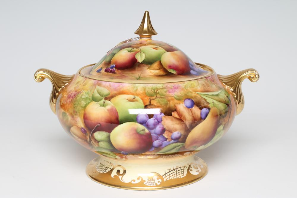 A LARGE COALPORT CHINA SOUP TUREEN AND COVER, modern, of bombe cylindrical form with swept finial