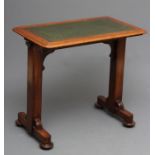 A VICTORIAN MAHOGANY WRITING TABLE, the hinged adjustable rounded oblong top lined in green