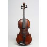 A VIOLIN, two piece back, notched wide sound holes, ebony turners, unlabelled, back 14", overall
