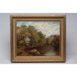 BENJAMIN WILLIAMS LEADER (1831-1923), River Scene with Fisherman, oil on canvas, signed, 18 1/2" x