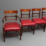 A SET OF SIX GEORGIAN MAHOGANY DINING CHAIRS, c.1800, including an elbow chair, the curved top