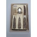A SILVER THREE PIECE CHRISTENING SET, London import marks 1964 (knife), all marked Norway, Sterling,