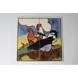 A CARTER'S POOLE POTTERY "FARMYARD SERIES" TILE PANEL - "COCKEREL AND HENS" - stencilled with a