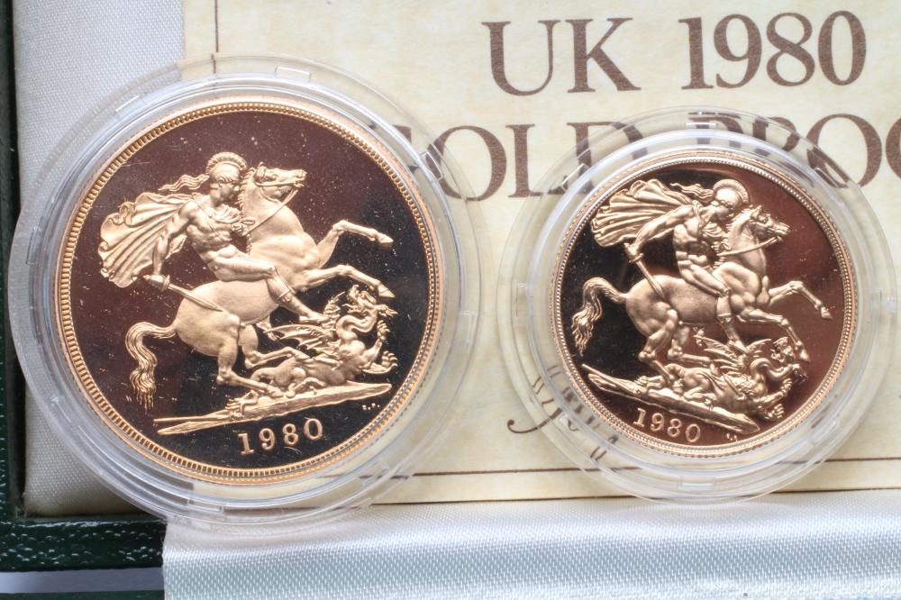 AN ELIZABETH II GOLD PROOF FOUR COIN SET, 1980, comprising 5, 2, sovereign and half sovereign, all - Image 3 of 5