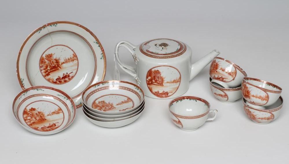 A CHINESE EXPORT PORCELAIN PART TEA SERVICE, each piece painted in monochrome burnt orange with a