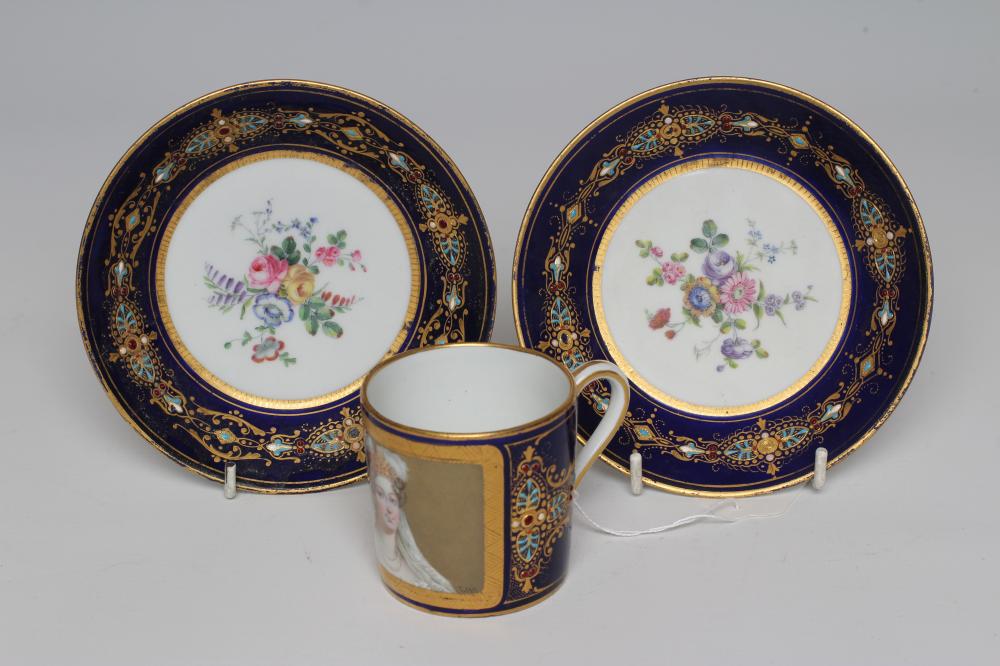 A FRENCH PORCELAIN CAN AND SAUCER, mid to late 19th century, the can painted with a head and
