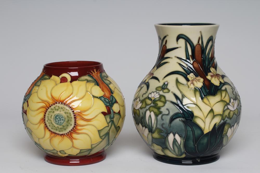 A MOORCROFT INCA SUNFLOWER VASE, 1995, of spherical form, 6 1/2" high, together with a Lamia vase,