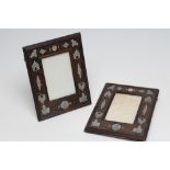 A PAIR OF ENGLISH EDWARDIAN CONTRA-PARTIE BOULLE PHOTOGRAPH FRAMES of plain strut back oblong