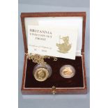 AN ELIZABETH II BRITANNIA TWO COIN SET, 1988, 25 and 10, the 25 loose mounted in 9ct gold as a