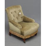 A VICTORIAN OAK FRAMED NURSING CHAIR, button upholstered in pale green dralon, straight top rail,