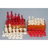 TWO BONE CHESS SETS, mid 19th century, stained red and natural, kings (sectional) 4"