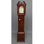A SMALL OAK LONGCASE CLOCK, the modern two train movement striking on a bell, 8" arched painted dial