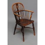 AN ASH AND ELM WINDSOR ARMCHAIR, 19th century, of low hooped back form with shaped and pierced