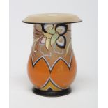 A MAURICE MARINOT ART DECO GLASS VASE of baluster form with everted rim, enamelled in bright colours
