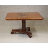 AN EARLY VICTORIAN MAHOGANY BREAKFAST TABLE, the rounded oblong tip up top with plain frieze,