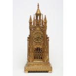 A FRENCH GILT METAL CATHEDRAL CLOCK, late 19th century, the twin barrel movement with outside