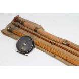 AN ALBERT SMITH & CO. REDDITCH 3 PIECE SPLIT CANE FISHING ROD with spare tip, bamboo tip tube and