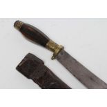 A CHINESE SMALL SWORD with 16 1/2" curved blade, shaped horn grip with decorative brass mounts,