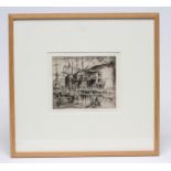 FRANK BRANGWYN (1895-1974), "The Pier", etching, signed in pencil, 5 1/4" x 6 1/2", blond wood frame